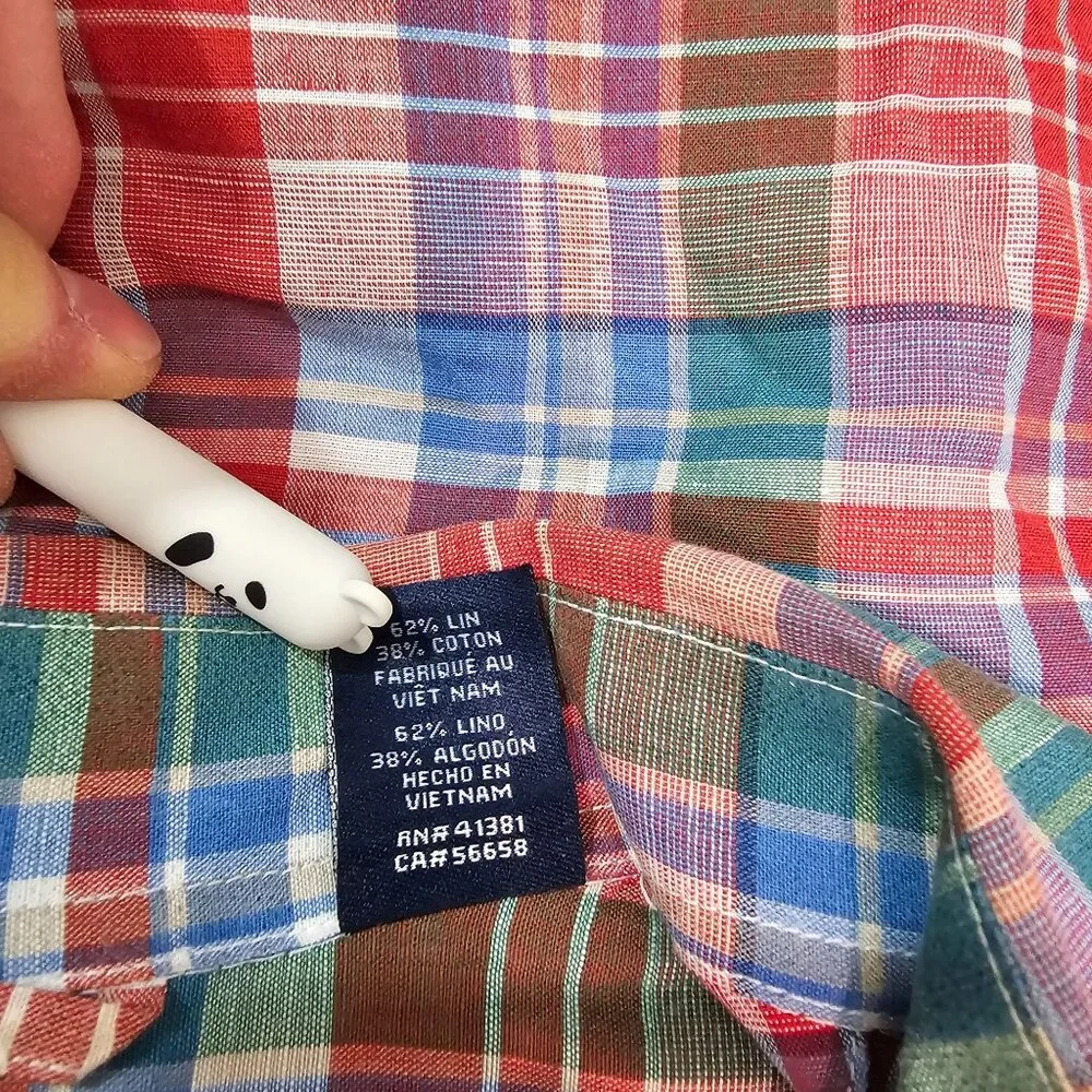 Ralph Lauren Chaps Linen Blend Colorful Plaid Shirt Mens Sz L Preppy Work Casual - Picture 9 of 9